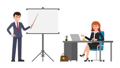 Young man in dark blue suit making presentation in front of woman in black suit. Vector illustration of cartoon character business meeting