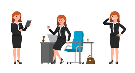 Fototapeta na wymiar Young woman in black business suit sitting on office desk, drinking coffee, talking on smartphone, using tablet. Vector illustration of cartoon character working day