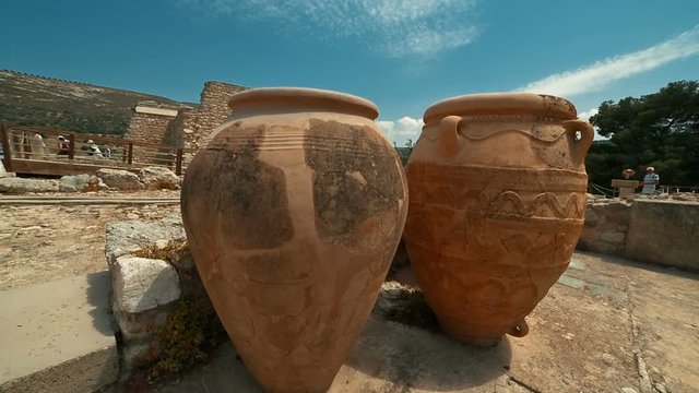 Crane shot of two giant pithoi, or storage jars, the Minoan Palace of Knossos, Heraklion, Crete, Greece