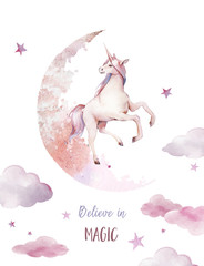 Believe in magic. Watercolor unicorn poster. Hand painted fairytale illustration with fantasy animal, moon, clouds, stars on white background. Cartoon baby art