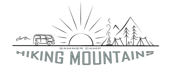 Logo of the camp. Summer camp. Holidays in the mountains. Tents, fire and mountains.