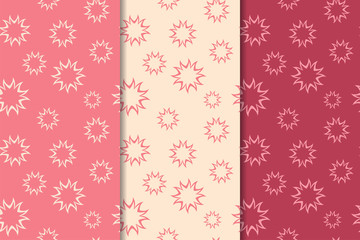 Set of red floral ornaments. Cherry pink vertical seamless patterns