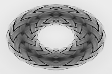 Symmetrical silver metallic wicker texture close-up. Detail background of volume steel surface. Abstract gray braided wire in macro. Surreal shape with copy space. Unusual black and white space.