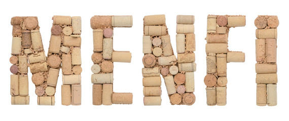  Word Menfi made of wine corks Isolated on white background
