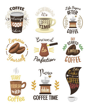 Vintage vector coffeeshop logo text labels and coffee drink love quote ribbon logo coffeebeans badges calligraphy break typography lettering