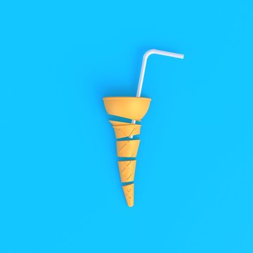 Ice cream cone sliced with white drinking straws abstract minimal blue background, Food concept, 3d rendering