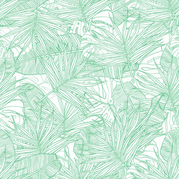 Tropical seamless pattern. Texture with banana leaves, palm and  monstera. Hand drawn illustration. Summer vector design.
