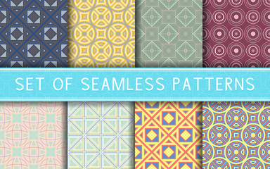 Geometric seamless patterns. Collection of colored backgrounds