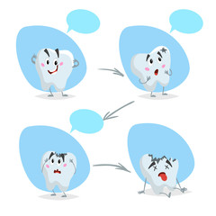Cartoon tooth characters. Caries, cavity phases with arrows. Healthy, ill and dead teeth. Dental care vector illustrations.