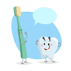 Cartoon dental care characters. Smiling healthy strong tooth and green happy toothbrush. Healthcare kid vector illustration with dummy speech bubble.