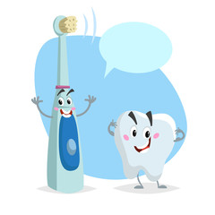 Cartoon dental care characters. Smiling healthy strong tooth and electric ultrasonic happy toothbrush. Healthcare kid vector illustration with dummy speech bubble.