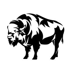 Obraz premium standing bison bull side view design - black and white vector illustration