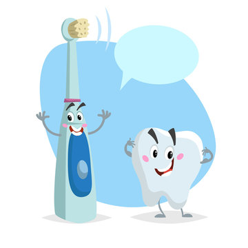 Cartoon dental care characters. Smiling healthy strong tooth and electric ultrasonic happy toothbrush. Healthcare kid vector illustration with dummy speech bubble.