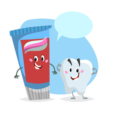 Cartoon dental care characters. Smiling healthy strong tooth and blue toothpaste tube. Healthcare kid vector illustration with dummy speech bubble.