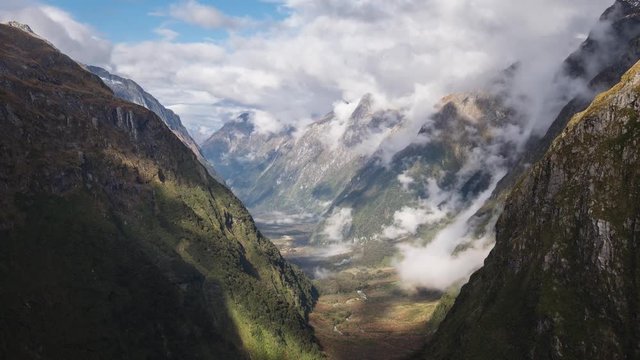 Time lapse view of valley landscape along the Milford Track at the Mackinnon Pass
