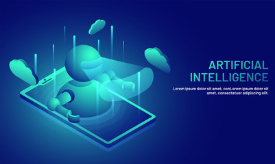 Artificial Intelligence era or virtual reality concept with robot, and cloud on blue background.