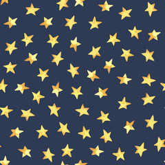 Seamless pattern of hand drawing yellow simple stars in cartoon childish stile on dark background