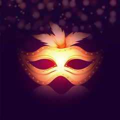 Banner design with golden masquared mask, bokeh effects on purple background.