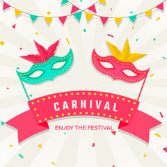 Happy carnival festive  banner or poster with colorful masquerade masks and bunting flags.