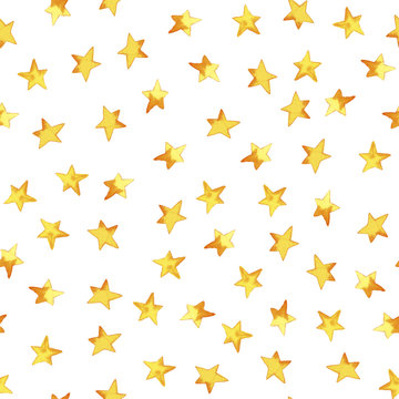 Seamless pattern of hand drawing yellow simple stars in cartoon childish stile on white background