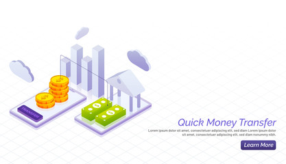 Quick online money transfer, smartphone and financial graph, Landing page design.