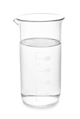 Glass beaker with water on white background