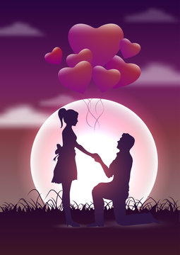 Young Boy Proposing To Girl And Heart Shaped Balloons In Full Moon Night Background, Invitation Template Design.