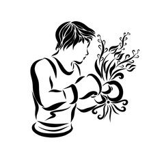 Boxer with a bouquet of flowers, romance and sports