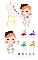 Girl artist painting on canvas with art supplies on white isolated cartoon character design, paintbrush, canvas, easel, color, paint bucket and color tube.