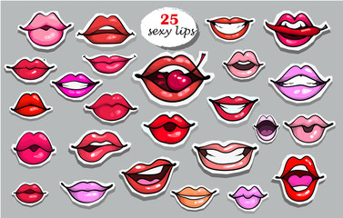 25 Red lips sticker collection. Illustration isolated on grey background. Patches set. Banner.Fashion patch badges elements. Set of stickers, pins, patches in cartoon 80s-90s comics retro style.