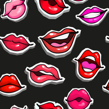 Female sexy lips seamless pattern fashion print. Mouth with spot, kiss, biting, smile, tongue, teeth on black bakground