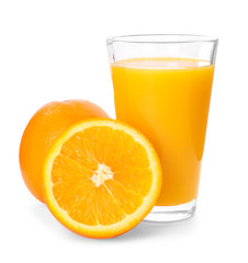 Fresh citrus drink in glass and orange on white background