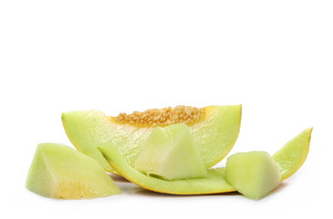 Fresh cantaloupe melon slices isolated on white background