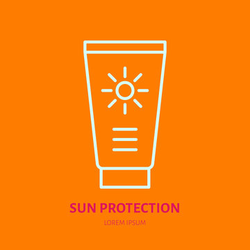 Sun protection cream flat line icon. Sunblock sign. Thin linear logo for cosmetic brand.