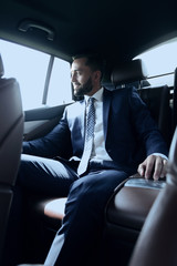 businessman sitting in the back seat of a car