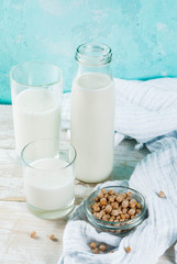 Vegan alternative food, soy non-dairy milk on light blue background, copy space