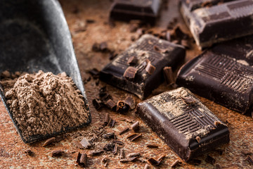 Chocolate pieces on chocolate powder. Close up