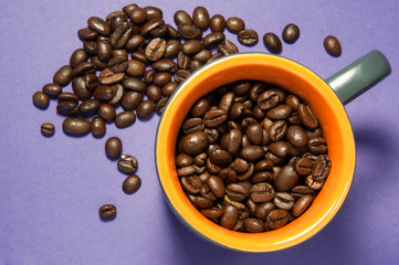 cereal coffee in a mug and scattered on the board