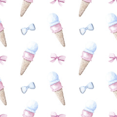 Hand drawn watercolor illustration seamless pattern pastel baby girl boy pink blue colors ice cream bow ribbon - 208369946