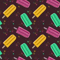 Hand drawn illustration seamless pattern repeated summer popsicle ice cream yellow pink mint green confetti colorful repeated background - 208370325