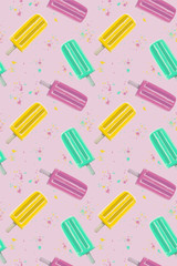 Hand drawn illustration seamless pattern repeated summer popsicle ice cream yellow pink mint green confetti colorful repeated background - 208370735