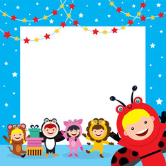 Obraz na płótnie Canvas birthday card template with kids in animal costume