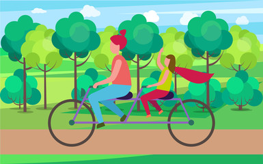 Mother and Daughter on Tandem in Park Illustration