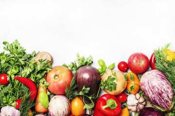 Food background, vegetarian concept, fresh vegetables and herbs, top view