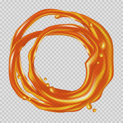 Transparent caramel splash and drops flow in a circle.