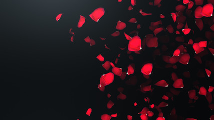 Naklejka na ściany i meble 3D render Flying petals of roses with on an black background