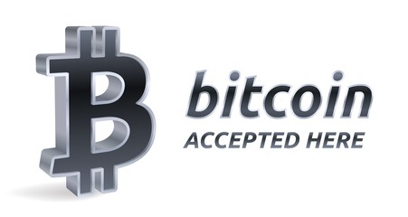 Obraz premium Bitcoin accepted sign emblem. Crypto currency. 3D isometric silver Bitcoin sign with text Accepted Here. Block chain. Stock vector illustration.