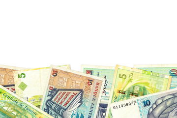 some 5 and 10 tunisian dinar banknote with copyspace