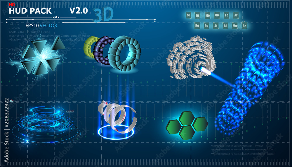 Fototapete Fantastic abstract background with different set 3d elements of the HUD. Big set of various HUD elements. Charts, ratings style HUD switches and various geometrical objects