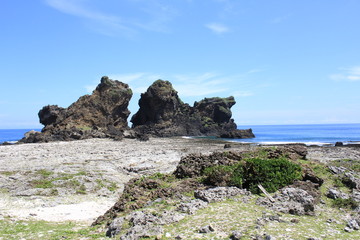 Fototapeta na wymiar Rocks by the Sea in Animal Shape-Twin Lions Rock at Lanyu(Orchid Island), Taitung,Taiwan